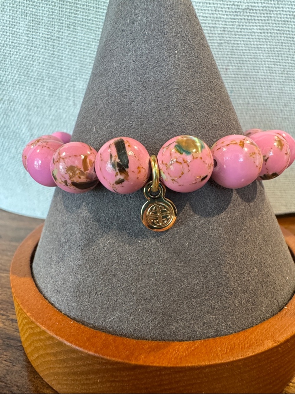 BuDhaGirl Pink Beaded Stretch Bracelet with Gold Charm
